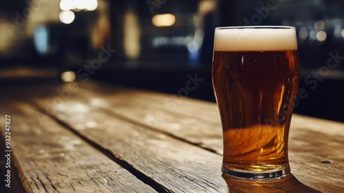 A glass of amber beer on a rustic wooden bar in a cozy pub setting