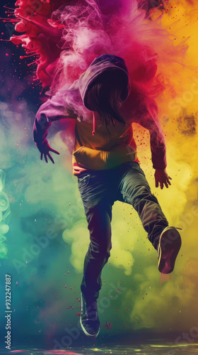 A young performer dances energetically, surrounded by colorful smoke clouds during a lively festival atmosphere photo