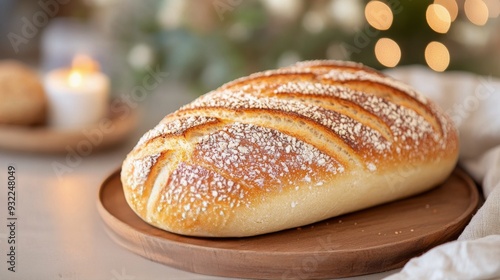 Freshly baked loaf of bread on a wooden plate with warm candlelight in a cozy kitchen