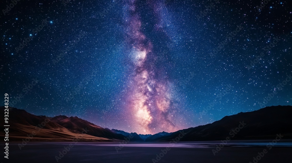 Starry night sky over calm lake surrounded by mountain ranges at twilight Starry night sky over calm lake surrounded by mountain ranges at twilight