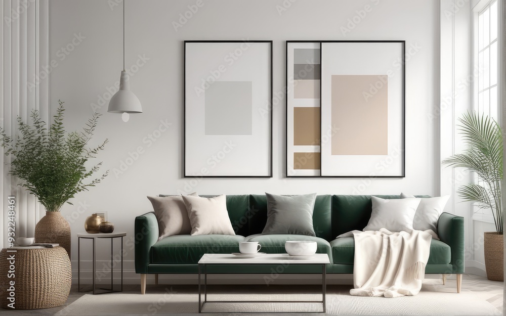 Fototapeta premium Mock up poster frame in scandinavian style interior. Minimalist interior design. 3D illustration