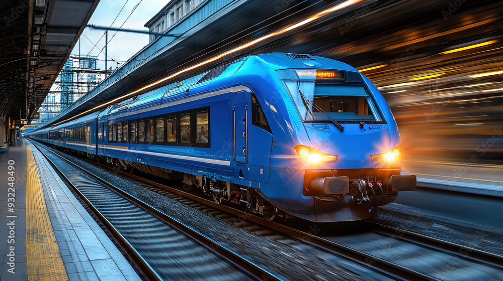 Naklejka premium A blue train journeys down railroad tracks alongside a towering building featuring a clock on its facade