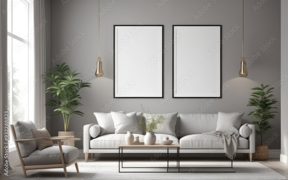 Mock up poster frame in scandinavian style interior. Minimalist interior design. 3D illustration Mock up poster frame in scandinavian style interior. Minimalist interior design. 3D illustration