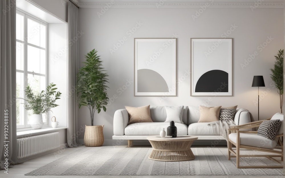 Fototapeta premium Mock up poster frame in scandinavian style interior. Minimalist interior design. 3D illustration