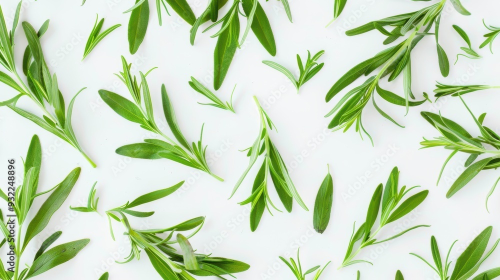 Tarragon sprigs arranged in a pattern on a white background, creating a vibrant and aromatic visual
