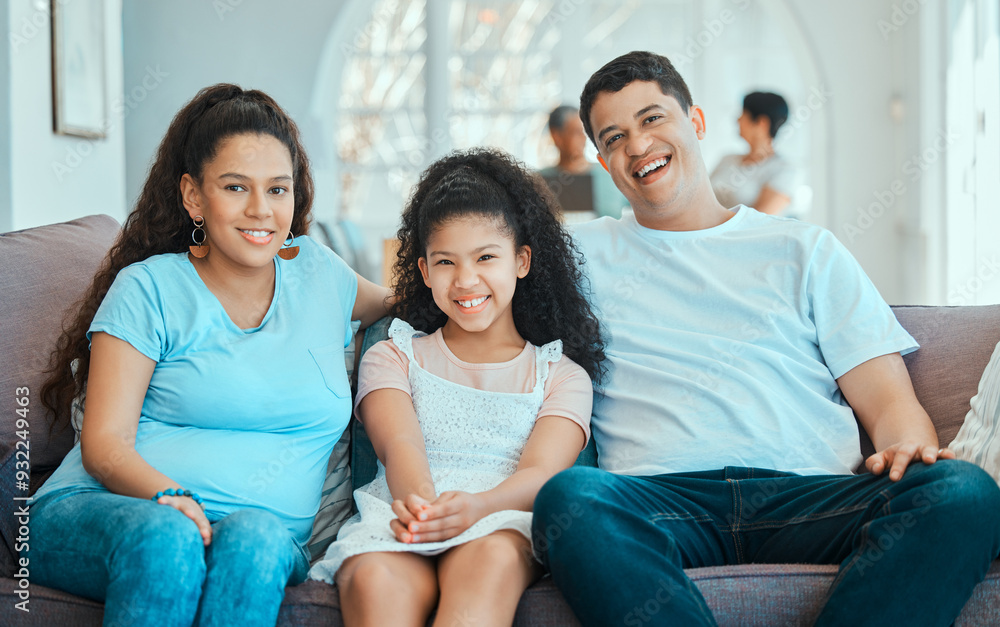Trust, couch and portrait of happy family to relax in lounge, house or home with smile, support and care together. Proud parents, mom and dad with girl child on sofa for bonding, wellness and love Trust, couch and portrait of happy family to relax in lounge, house or home with smile, support and care together. Proud parents, mom and dad with girl child on sofa for bonding, wellness and love