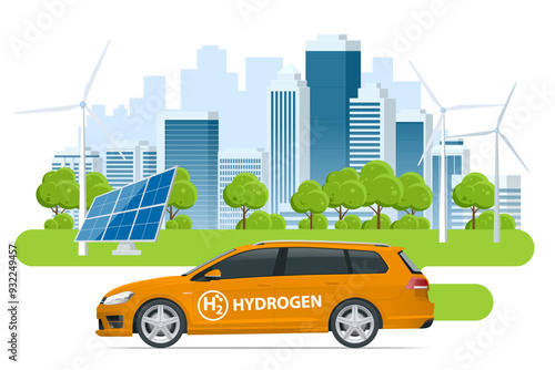 Isometric Hydrogen energy car. Smart city with wind turbines, solar panels Alternative energy and zero emission. Hydrogen powered transportation. Green energy