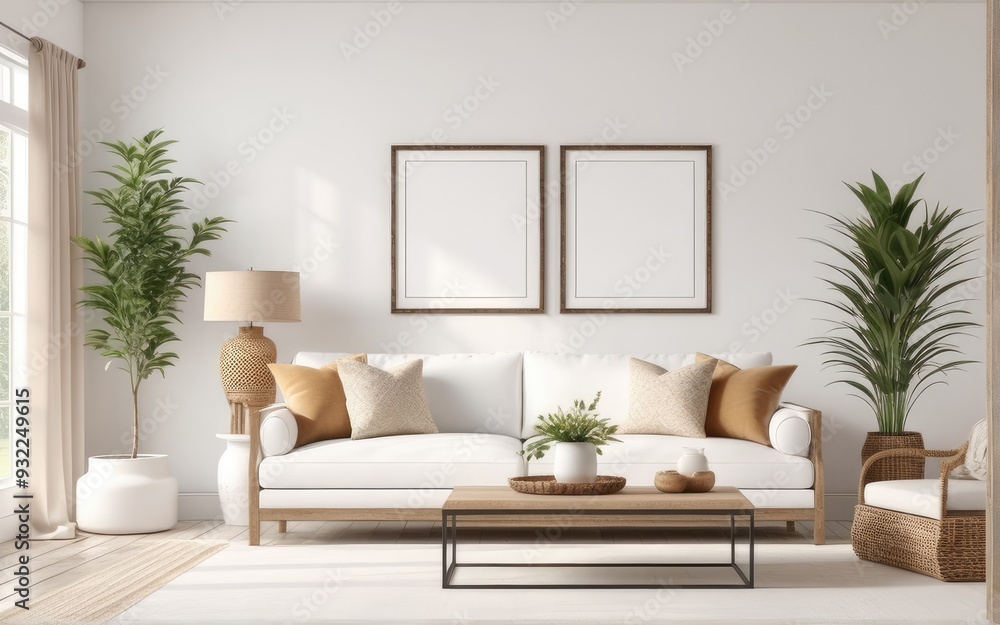 Frame mockup in bright living room design, white sofa in farmhouse boho interior style, 3d render Frame mockup in bright living room design, white sofa in farmhouse boho interior style, 3d render
