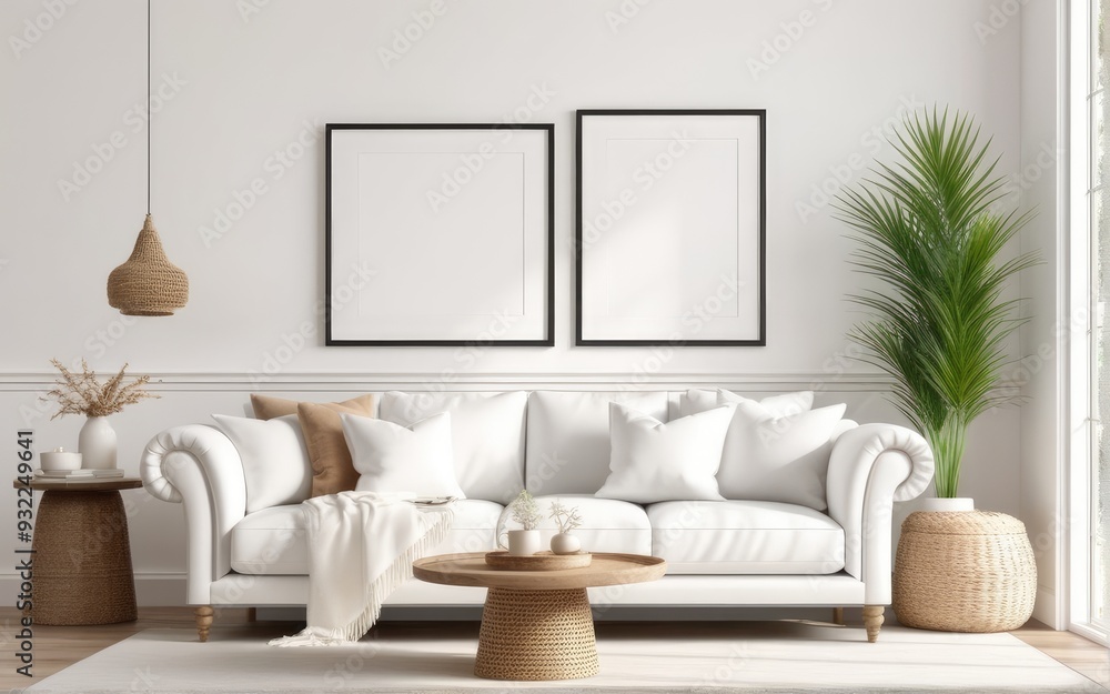 Frame mockup in bright living room design, white sofa in farmhouse boho interior style, 3d render Frame mockup in bright living room design, white sofa in farmhouse boho interior style, 3d render