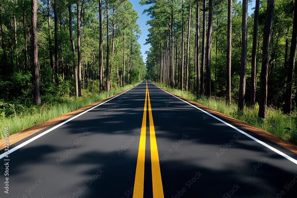 Obraz premium A serene road stretches through a lush forest, inviting travelers to explore nature's beauty and tranquility.