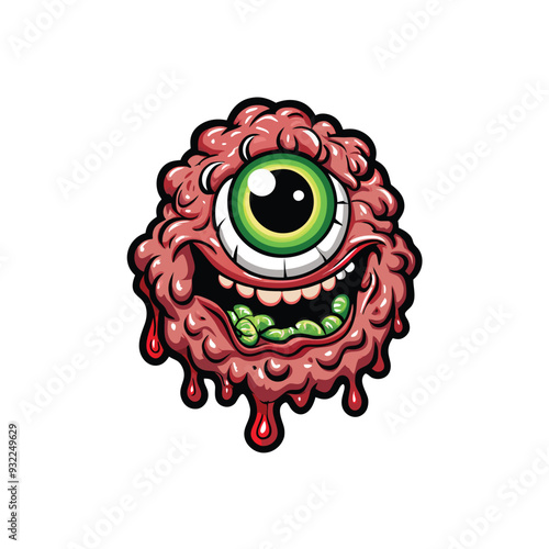 Illustration of a disgusting blob-like monster with one giant eye, dripping red goo, and a wide, toothy grin.