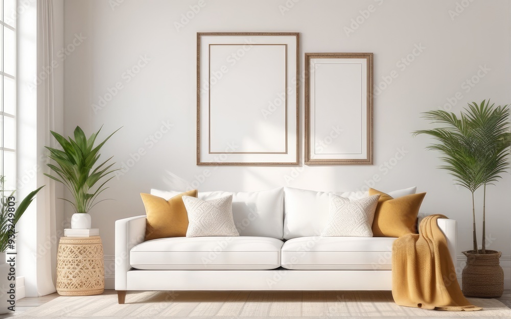 Naklejka premium Frame mockup in bright living room design, white sofa in farmhouse boho interior style, 3d render