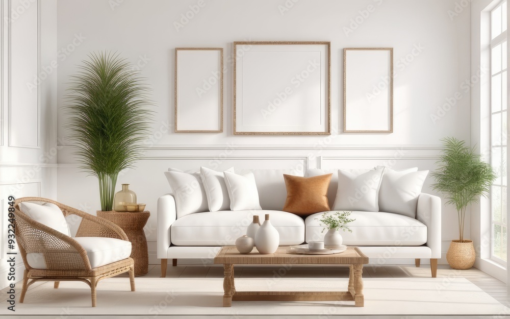 Frame mockup in bright living room design, white sofa in farmhouse boho interior style, 3d render Frame mockup in bright living room design, white sofa in farmhouse boho interior style, 3d render