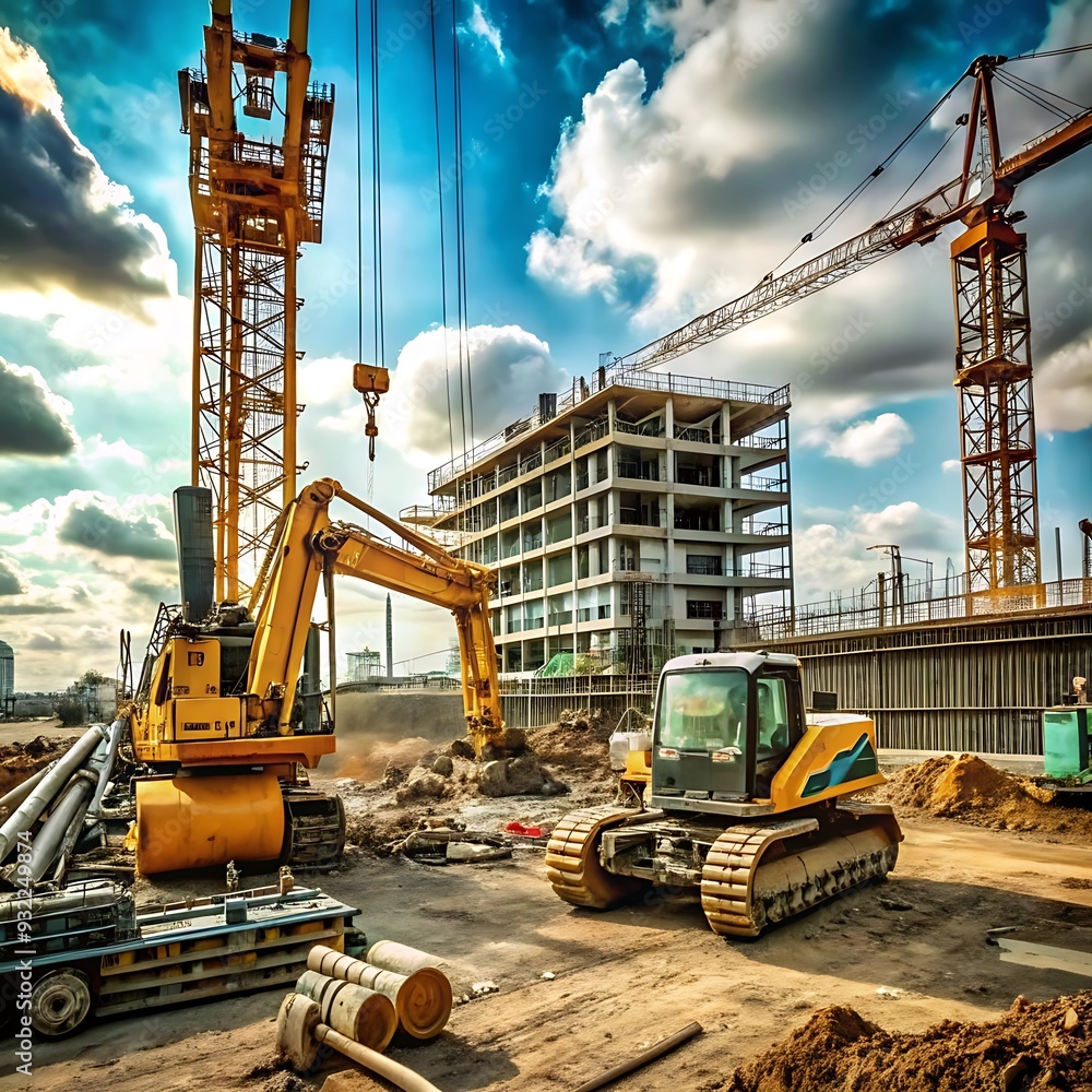 Modern Construction Site with Heavy Machinery and Tower Cranes Modern Construction Site with Heavy Machinery and Tower Cranes