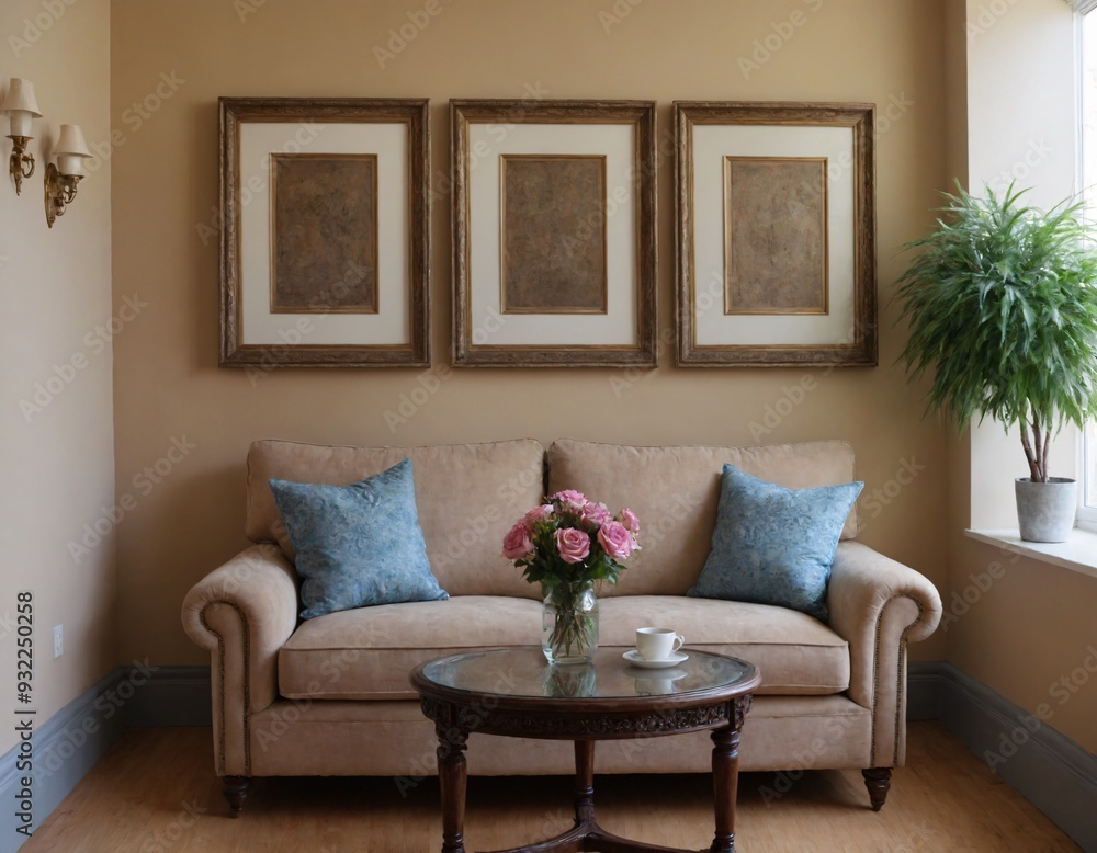 Naklejka premium Interior image of the beautiful sitting area with a stylish couch, cushions, decorative accessories and photo frame on the wall, Interior design template.