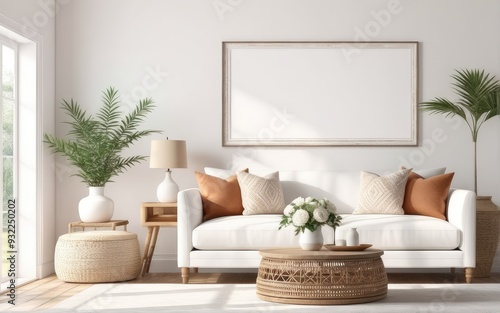 Frame mockup in bright living room design, white sofa in farmhouse boho interior style, 3d render