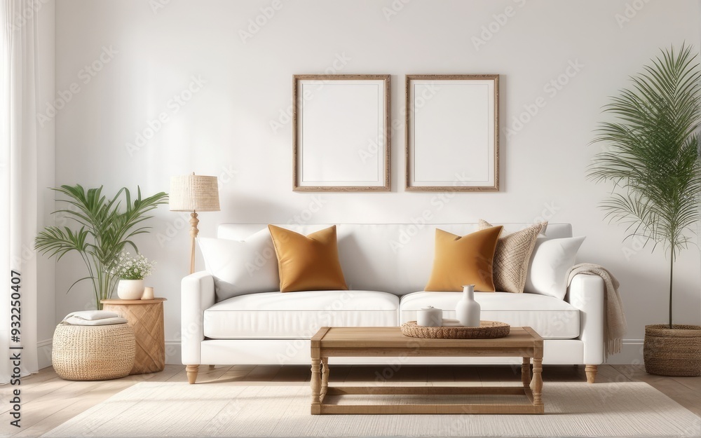 Frame mockup in bright living room design, white sofa in farmhouse boho interior style, 3d render Frame mockup in bright living room design, white sofa in farmhouse boho interior style, 3d render