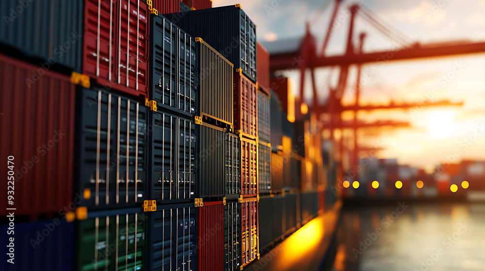 Fototapeta premium Stacked shipping containers at a busy port with a sunset in the background.