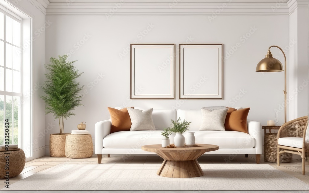 Frame mockup in bright living room design, white sofa in farmhouse boho interior style, 3d render Frame mockup in bright living room design, white sofa in farmhouse boho interior style, 3d render