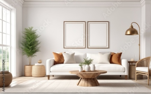 Frame mockup in bright living room design, white sofa in farmhouse boho interior style, 3d render