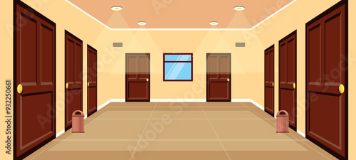 Vector illustration of a beautiful interior of a spacious and large corridor. Cartoon scene of the interior of a corridor with open and closed doors, garbage cans, window, chandelier with light.