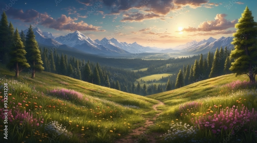 Realism image, beautiful green meadow and forest on hills Realism image, beautiful green meadow and forest on hills