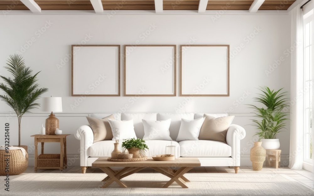 Frame mockup in bright living room design, white sofa in farmhouse boho interior style, 3d render Frame mockup in bright living room design, white sofa in farmhouse boho interior style, 3d render