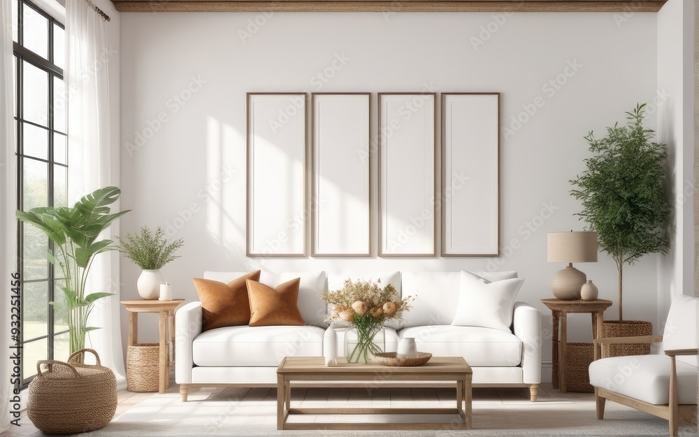 Frame mockup in bright living room design, white sofa in farmhouse boho interior style, 3d render Frame mockup in bright living room design, white sofa in farmhouse boho interior style, 3d render