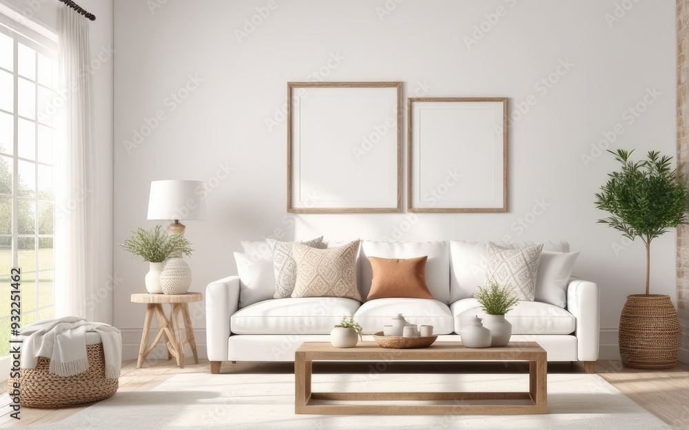 Frame mockup in bright living room design, white sofa in farmhouse boho interior style, 3d render Frame mockup in bright living room design, white sofa in farmhouse boho interior style, 3d render