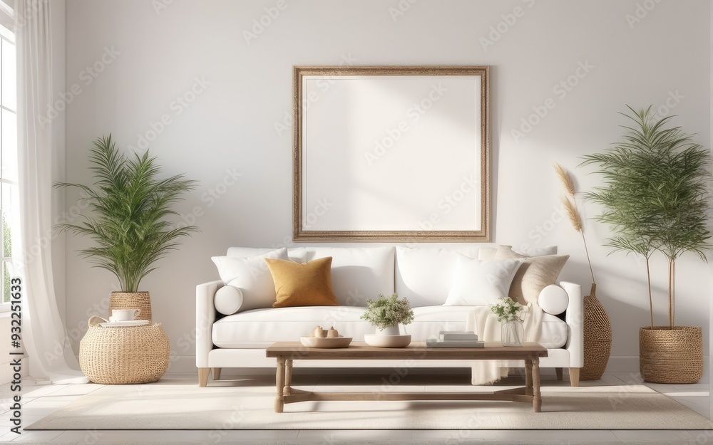 Frame mockup in bright living room design, white sofa in farmhouse boho interior style, 3d render Frame mockup in bright living room design, white sofa in farmhouse boho interior style, 3d render