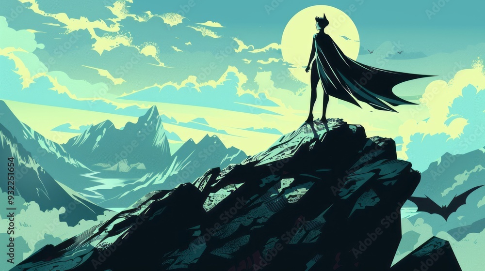 Portrait of a funny woman with superman cloth and short hairs, in the mountains, looking to camera