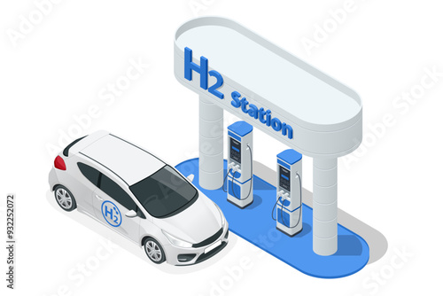 Isometric Hydrogen fuel car charging station with two dispensers for H2 vehicles. Hydrogen powered transportation. Green energy
