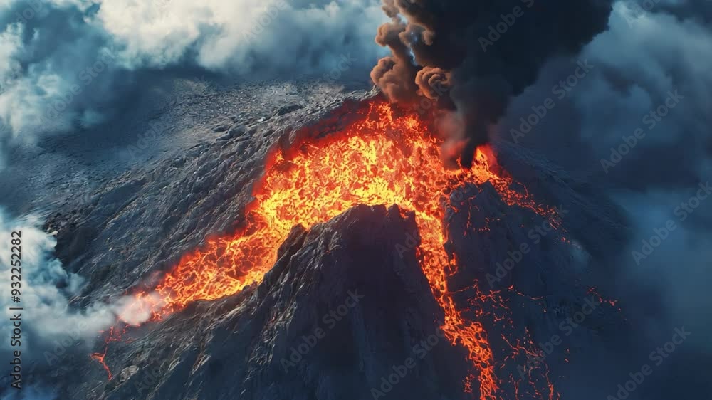 top view of erupting volcano with lava flame, smoke and ash in the sky top view of erupting volcano with lava flame, smoke and ash in the sky