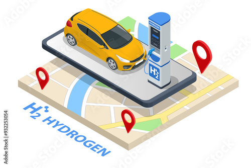 Isometric Hydrogen fuel car charging station with two dispensers for H2 vehicles. Hydrogen powered transportation. Green energy
