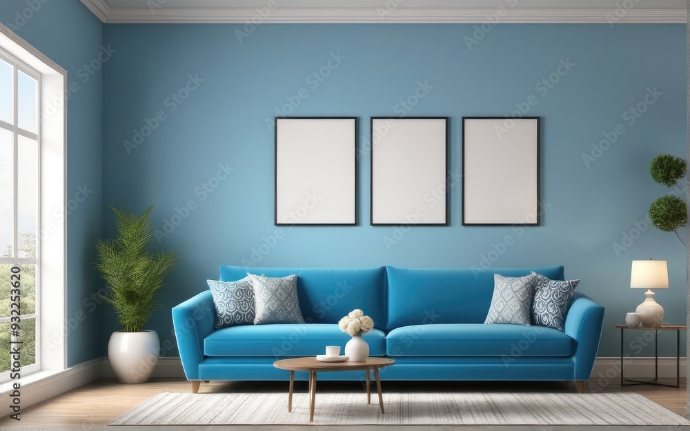 Interior of living room with blue sofa 3d rendering Interior of living room with blue sofa 3d rendering