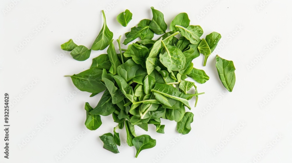 Vibrant baby spinach leaves on a white background, perfect for healthy culinary creations Vibrant baby spinach leaves on a white background, perfect for healthy culinary creations