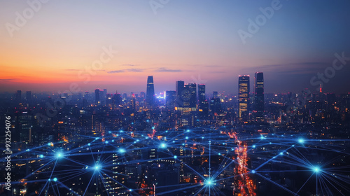 Wallpaper Mural Smart digital Innovation city with connection network reciprocity over the cityscape. of future smart wireless digital city and social media networking systems that connects people with in city Torontodigital.ca