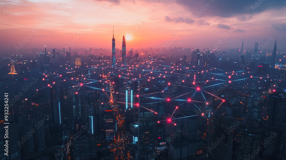 Fototapeta premium Smart digital Innovation city with connection network reciprocity over the cityscape. of future smart wireless digital city and social media networking systems that connects people with in city