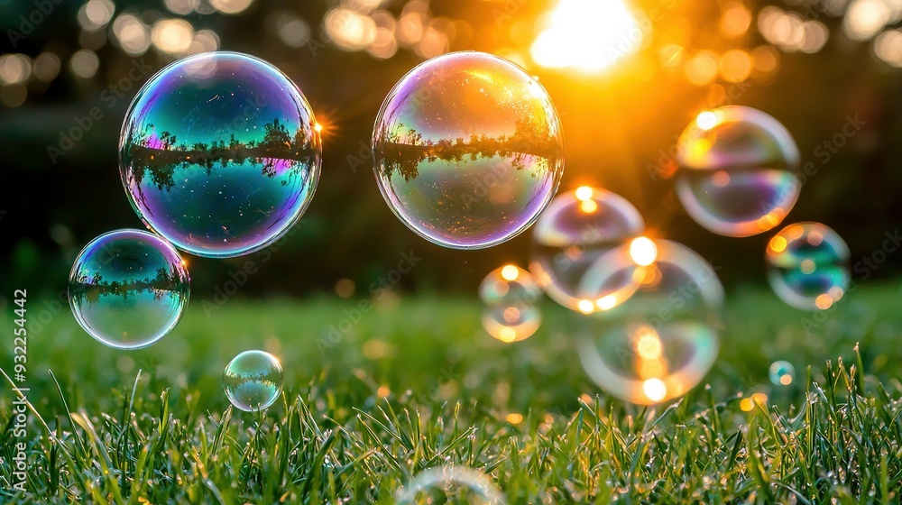 A cluster of soap bubbles levitating over a verdant green meadow adorned with towering trees A cluster of soap bubbles levitating over a verdant green meadow adorned with towering trees