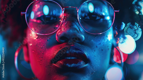 Wallpaper Mural A woman poses with glasses, illuminated by vibrant neon lights, showcasing a radiant expression Torontodigital.ca