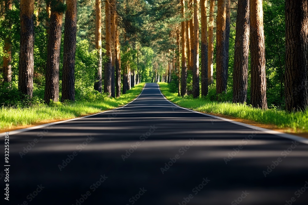 Naklejka premium A serene view of a winding road surrounded by tall trees, inviting exploration and a sense of adventure in nature.