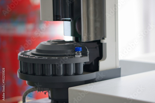 Vial on autosampler of gas chromatography instrument , autosampler, injector