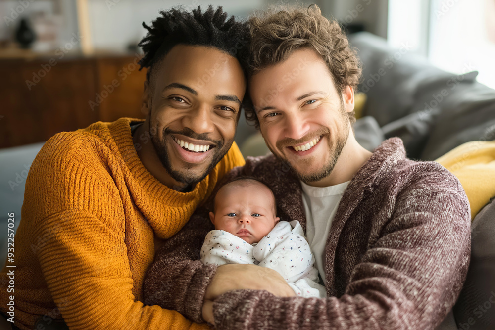 Obraz premium Two fathers are smiling while holding their newborn baby and enjoying their time together at home
