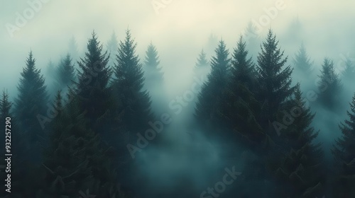 misty forest landscape with towering fir trees shrouded in fog muted colors and dreamy atmosphere create a nostalgic vintageinspired scene evoking mystery and tranquility