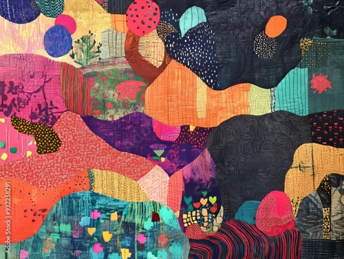 Colorful abstract quilt with various textures and patterns. photo