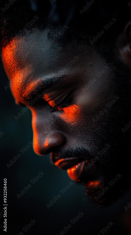Close-up of grateful African American man under dark red color. Apologetic black man against a blurred background and reddish tones of soft light. Close-up of grateful African American man under dark red color. Apologetic black man against a blurred background and reddish tones of soft light.