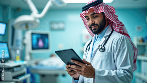 Saudi Doctor Using Tablet in Hospital Room, Modern Healthcare Technology Concept, Analyzing Patient Documents