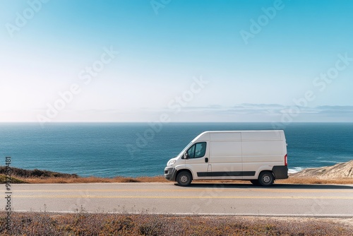 A white van travels down a road next to the ocean, with a bright sun shining and a clear sky creating a picturesque coastal view