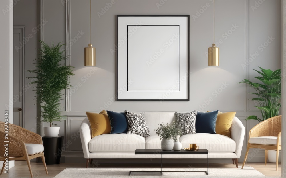 Fototapeta premium Mock up poster frame in home interior background, Modern style living room, 3D render