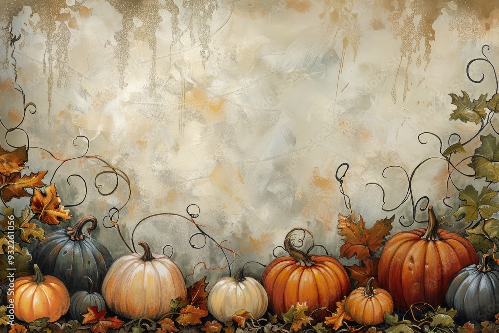 A whimsical scene of pumpkins in various sizes and colors, placed along the bottom edge of the banner, with tendrils of vines and leaves extending upwards A whimsical scene of pumpkins in various sizes and colors, placed along the bottom edge of the banner, with tendrils of vines and leaves extending upwards